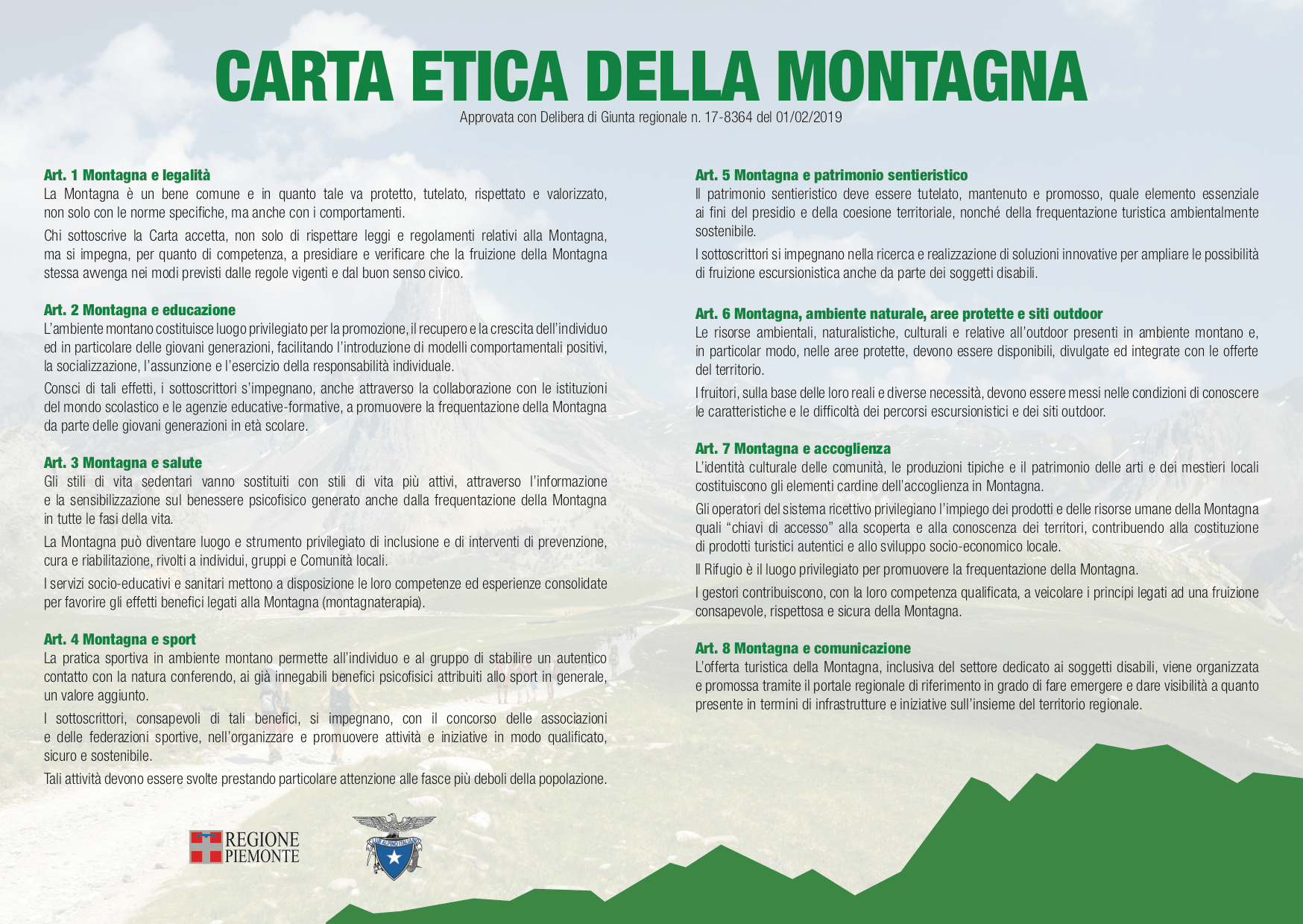 La Carta Etica della Montagna approvata dalla giunta Regionale del Piemonte il 1 febbraio 2019